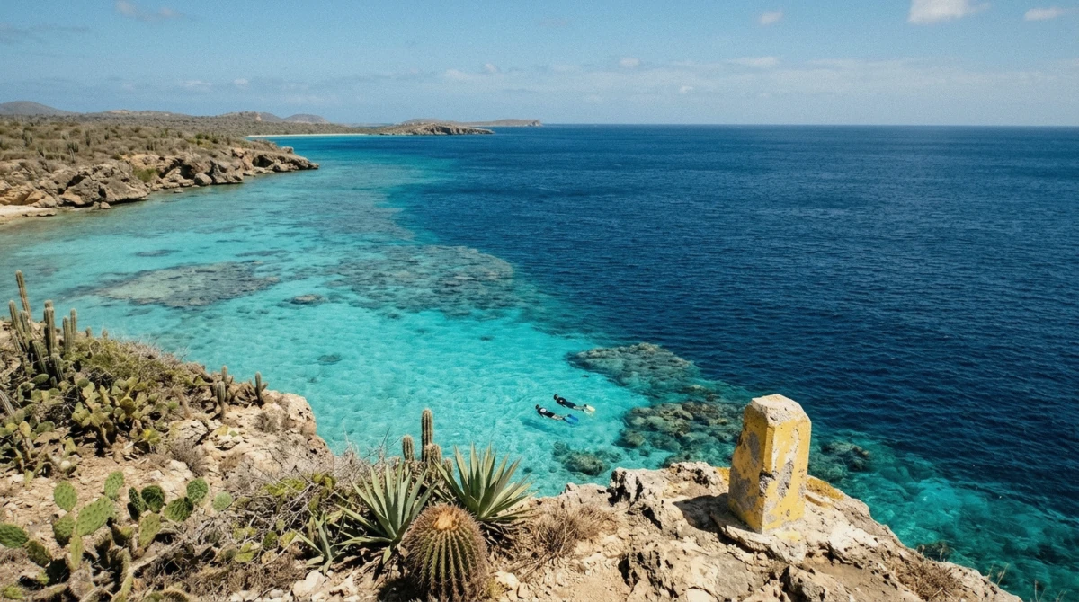 Rocky ironshore coastline on Bonaire beside calmer sandy water typical of the Aruba side of a Bonaire vs Aruba snorkeling comparison