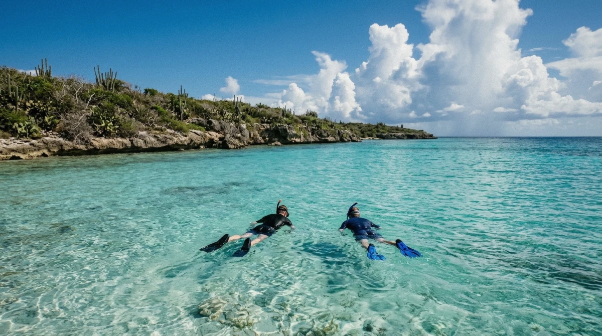 Calm glassy water off Bonaire's leeward coast during the best time to snorkel Bonaire, contrasted with a choppier day further along the shore