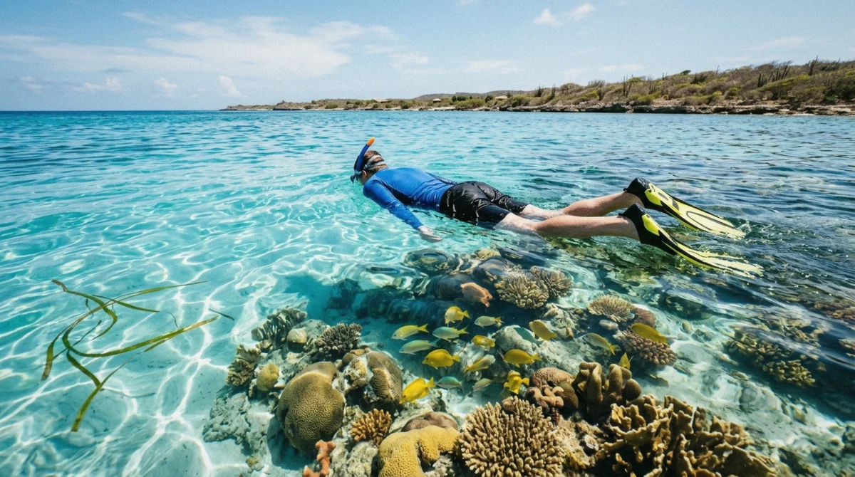 Snorkeler entering the water over ironshore rock while snorkeling in Bonaire, weighing whether it's worth it