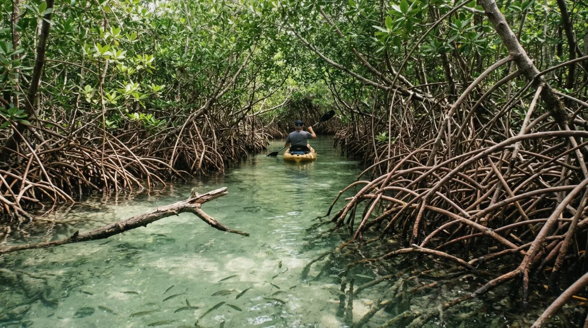 Kayaker in a mangrove channel at Lac Bay on a guided Bonaire snorkeling tour of the mangroves