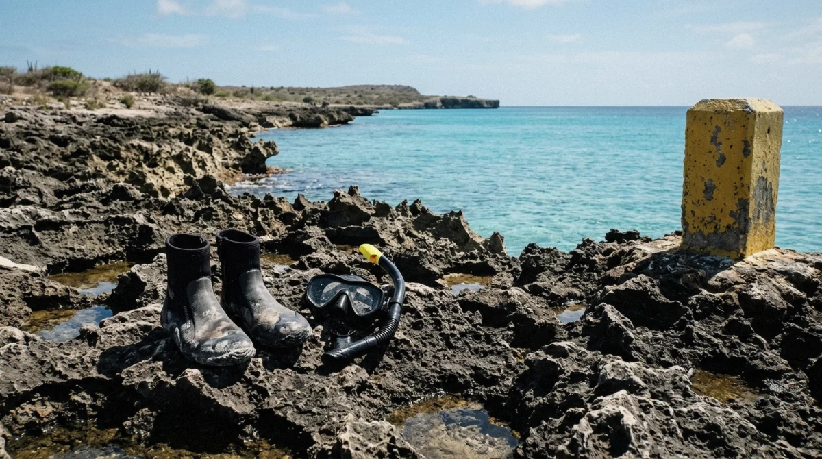 Sharp ironshore rock at a shore snorkeling entry on Bonaire with reef boots and mask on the rock